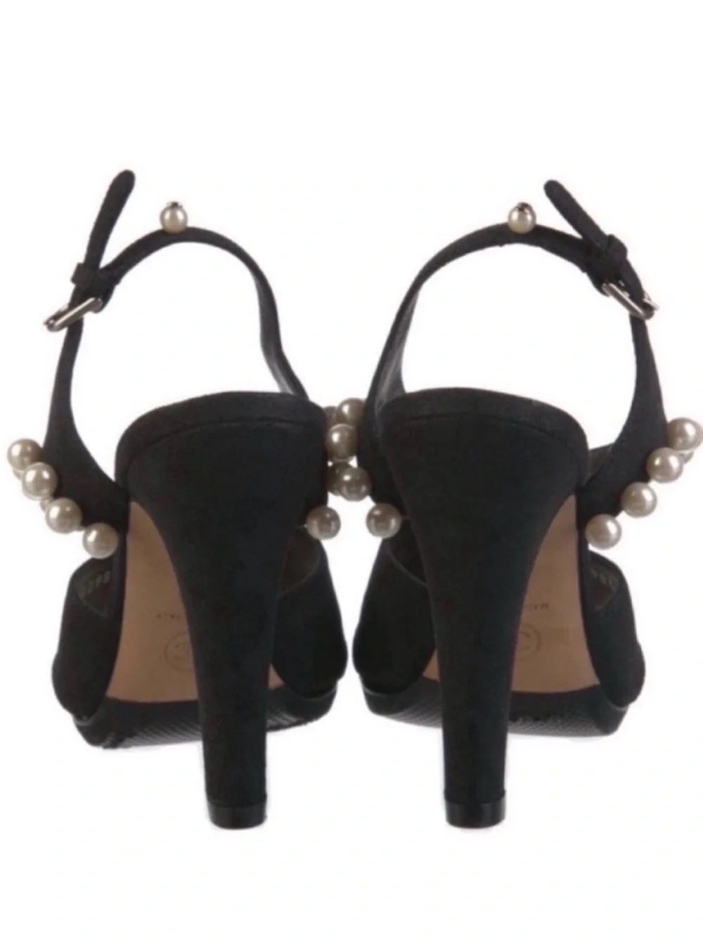 CHANEL Black Suede Faux Pearl Slingback Heeled CC Runway Sandals